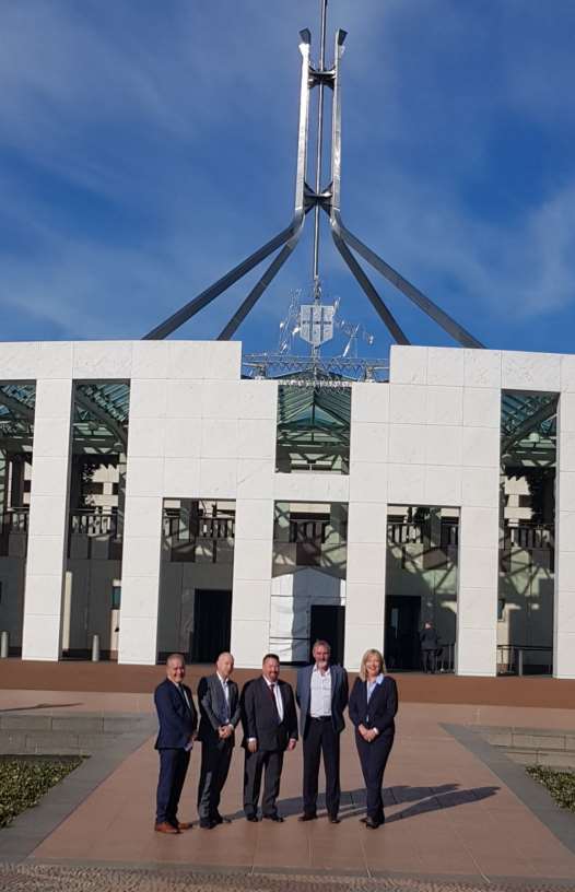 (L to R) Port Pirie Deputy Mayor Alan Zubrinich, Whyalla Council CEO Chris Cowley,  Port Pirie Mayor Leon Stephens, Whyalla Mayor Clare McLaughlin, Port Augusta Mayor Brett Benbow, in Canberra to promote the Upper Spencer Gulf election priorities